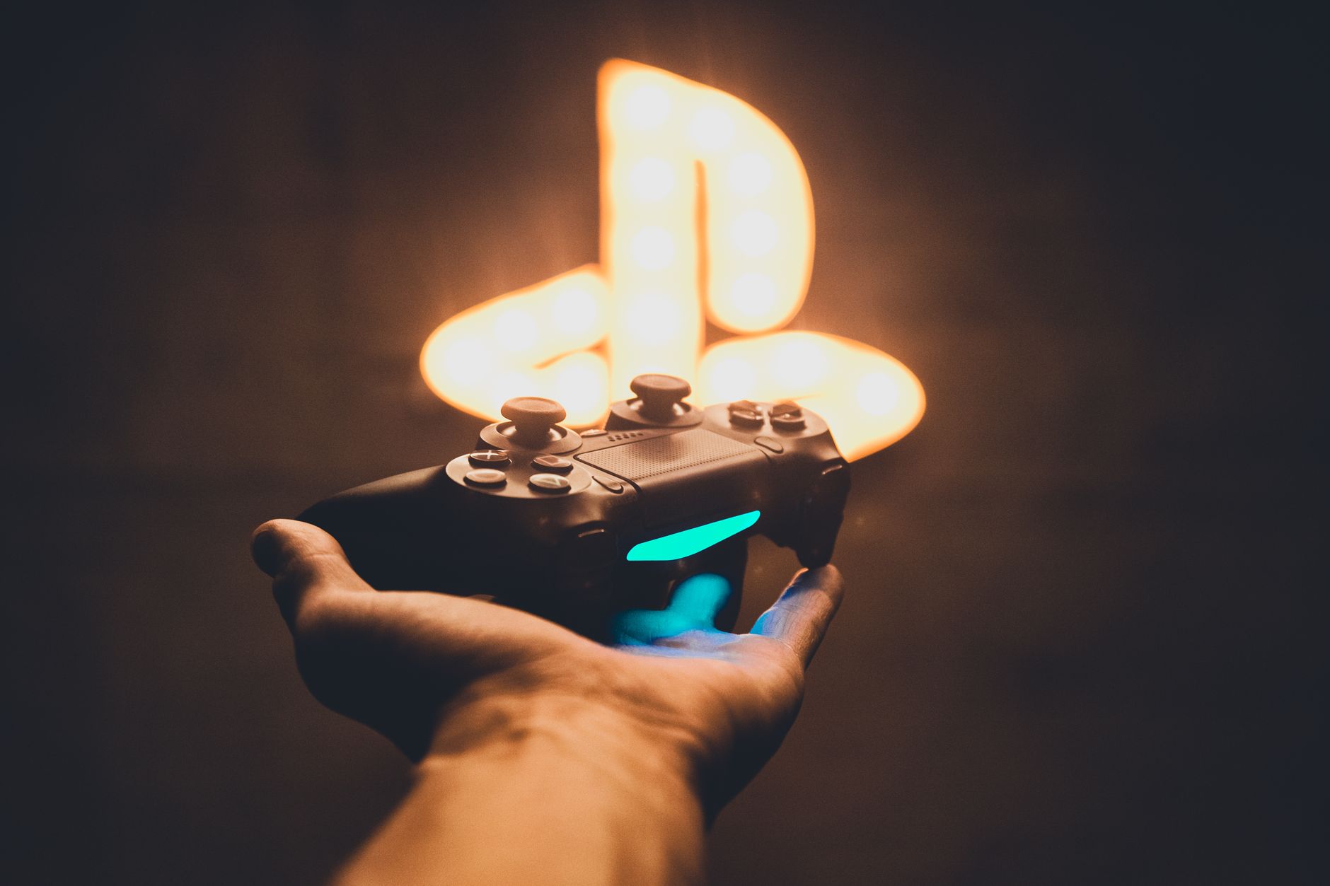 Modern gaming desk aesthetic and neon controllers